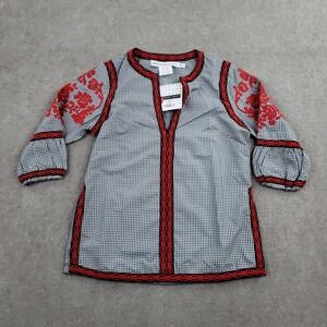 Gretchen Scott Shirt Womens Shrimp XXS Black White Gingham Tunic Top Embroidered